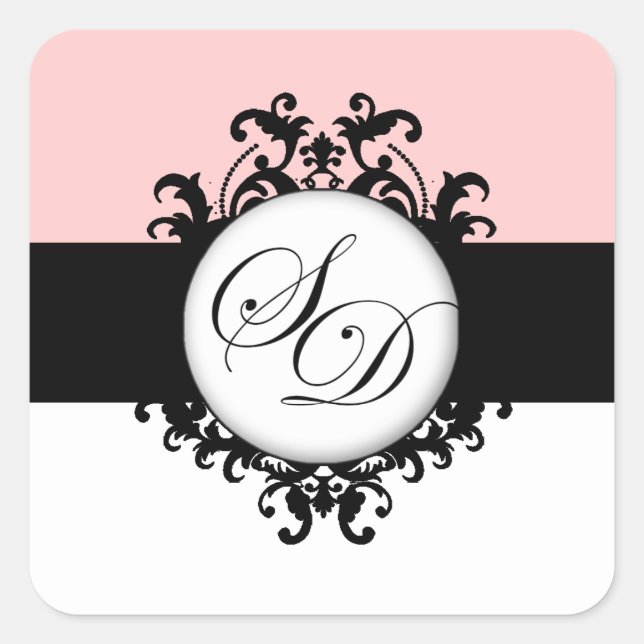 Sticker Carré Chic Français Black Monogrammes Mariage damassé Ét (Devant)