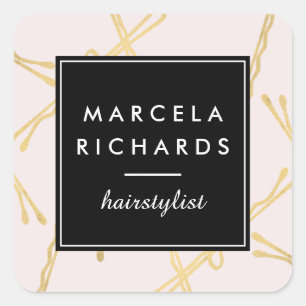 Sticker Carré Chic Gold Bobby Pins Coiffeur Styliste Salon Rose