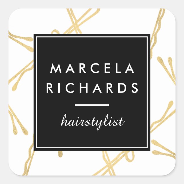 Sticker Carré Chic Gold Bobby Pins Hair Styliste Salon (Devant)