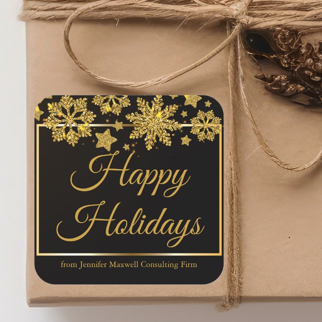 Sticker Carré Chic Happy Holidays Black Gold Snowflake Custom (Créateur téléchargé)