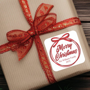 Sticker Carré Chic Joyeux Noël Script Rouge Ruban Bow