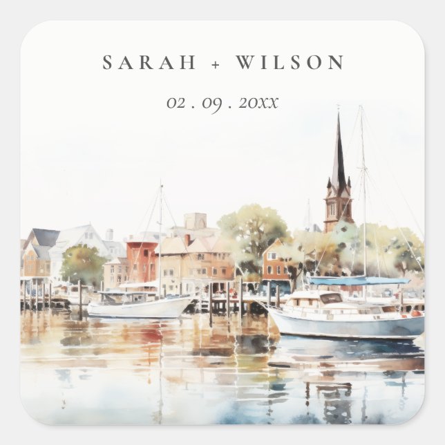 Sticker Carré Chic Mariage d'aquarelle Annapolis Maryland (Devant)