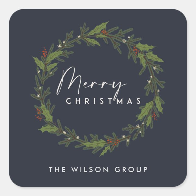 STICKER CARRÉ CHIC NAVY HOLLY BERRY WREATH CHRISTMAS (Devant)