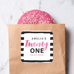 Sticker Carré Chic noir & blanc rayures rose 21e anniversaire