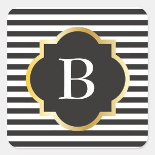 Sticker Carré Chic noir et blanc bande or Monogramme