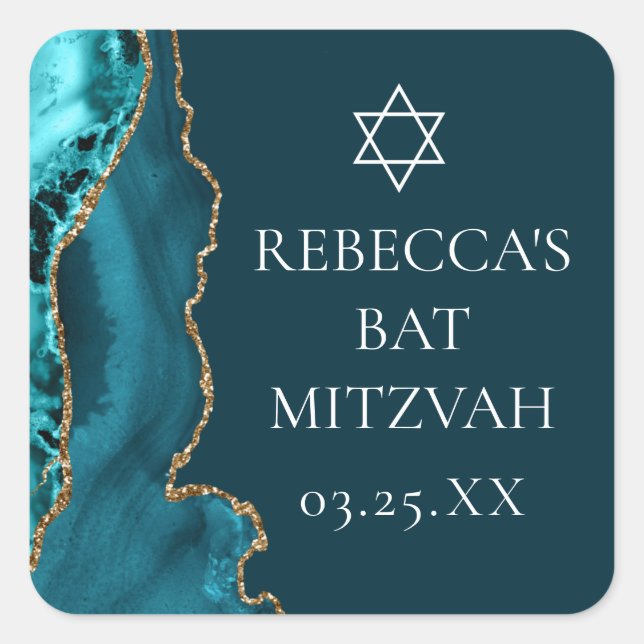 Sticker Carré Chic Turquoise Gold Agate Bat mitzvah Party (Devant)