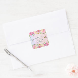 Sticker Carré Chic Vert & Rose Delicate Aquarelle Florale