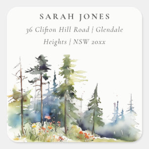 Sticker Carré Chic Watercolor Pine Forest Adresse paysagère