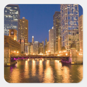 Sticker Carré Chicago, Illinois, Skyline et rivière Chicago à