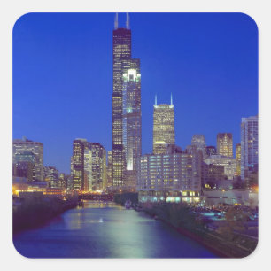 Sticker Carré Chicago, Illinois, Skyline la nuit avec Chicago