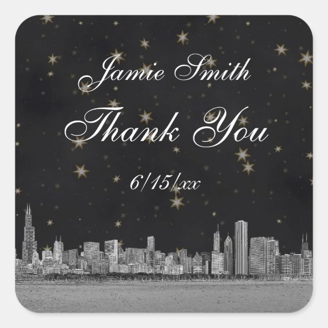 Sticker Carré Chicago Skyline #2 Black Gold Star Merci (Devant)