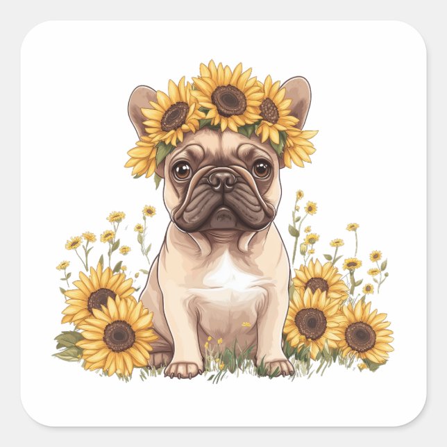 Sticker Carré Chien À Balle Français Entouré De Tournesols (Devant)