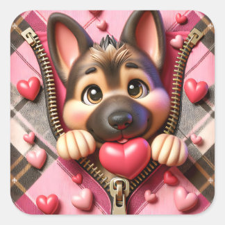 Sticker Carré Chien à fermeture éclair Saint-Valentin mignon