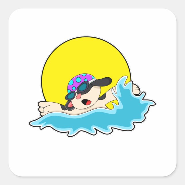 Sticker Carré Chien à la natation avec lunettes de natation (Devant)