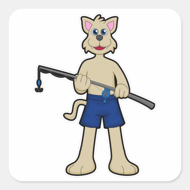 Sticker Carré Chien à la pêche avec la canne à pêche et le poiss (Devant)