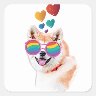 Sticker Carré Chien Akita avec la Saint-Valentin coeurs
