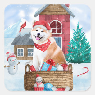Sticker Carré Chien Akita dans la maison de Noël enneigée