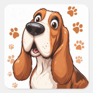 Sticker Carré Chien Basset Joyeux avec Empreintes de Patte Orang