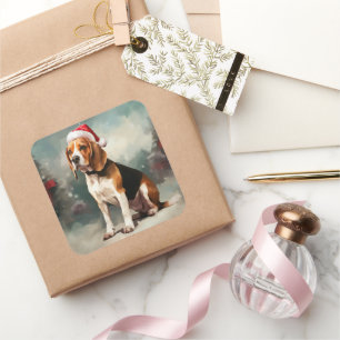 Sticker Carré Chien beagle à Noël de neige