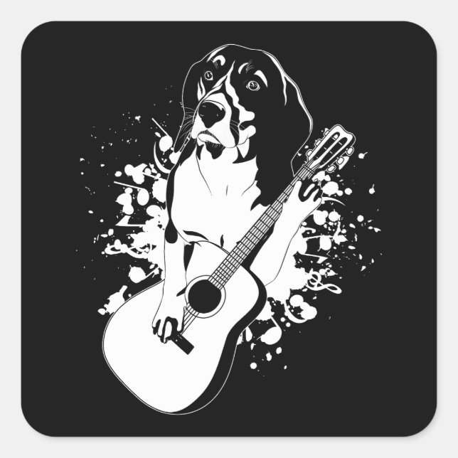 Sticker Carré Chien beagle jouant à la guitare acoustique (Devant)
