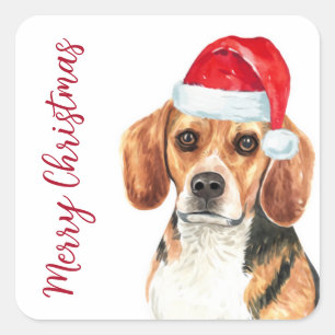 Sticker Carré Chien beagle Père Noël Mignonne Joyeux Noël