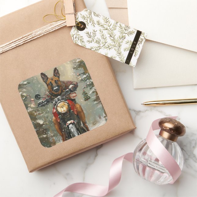 Sticker Carré Chien belge Malinoi équitation moto Noël (Cadeaux)