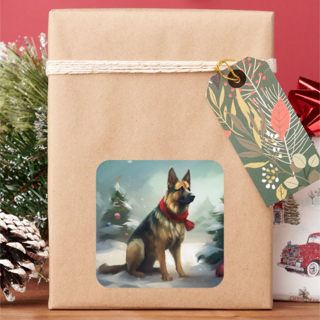 Sticker Carré Chien berger allemand en Noël de neige (vacances)