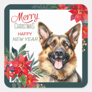 Sticker Carré Chien berger allemand Poinsettia frontière Noël