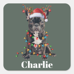 Sticker Carré Chien Bouledogue Français de Noël Nom Personnalisé