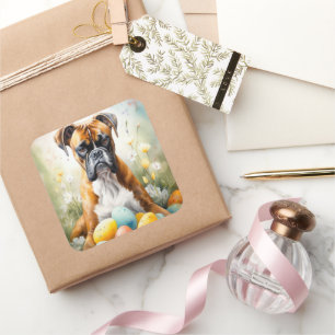 Sticker Carré Chien Boxer avec œufs de Pâques vacances