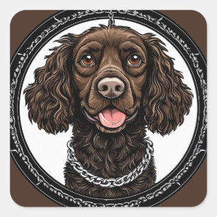 Sticker Carré Chien Brun Avec une Chaîne et un Cercle Décoratif