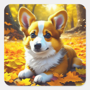 Sticker Carré Chien Chien Chien Chien Corgi Jouant dans les Feui