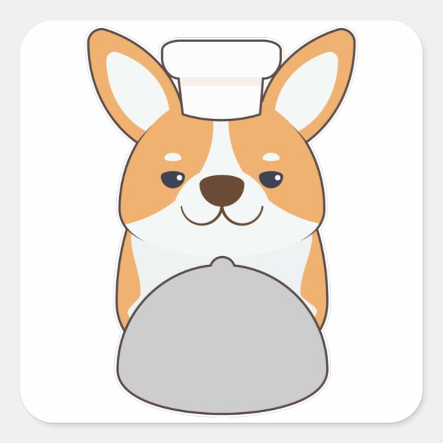 Sticker Carré Chien chiot comme cuisinier avec Platter (Devant)