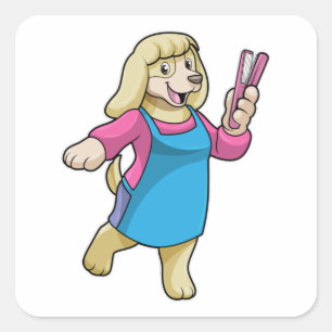 Sticker Carré Chien comme coiffeur avec peigne