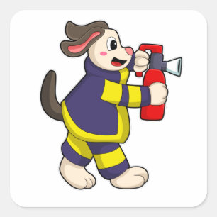 Sticker Carré Chien comme pompier avec extincteur