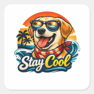 Sticker Carré Chien Cool au Coucher du Soleil