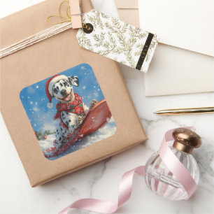 Sticker Carré Chien Dalmatien en Luge Laissez Tomber la Neige No