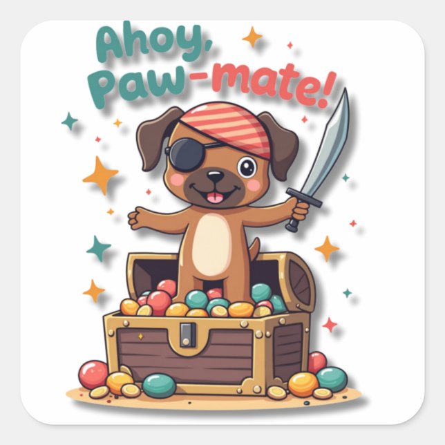 Sticker Carré Chien de boîte de pirates de Kawaii (Devant)