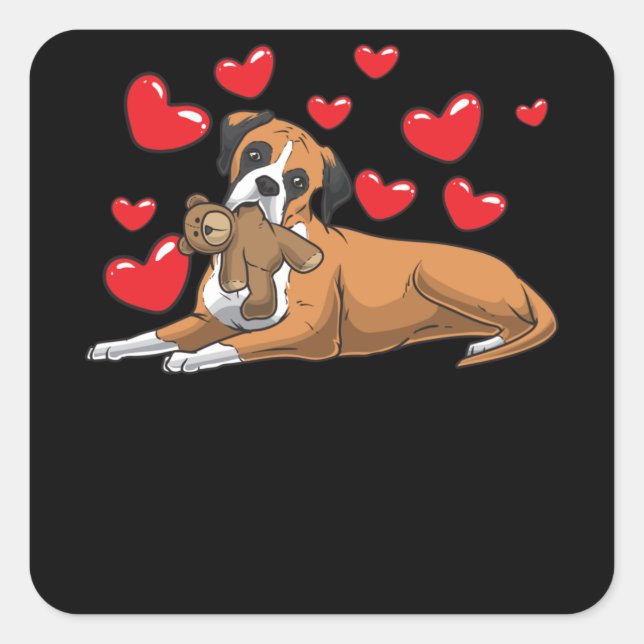 Sticker Carré Chien de boxe avec animal en peluche et coeurs (Devant)