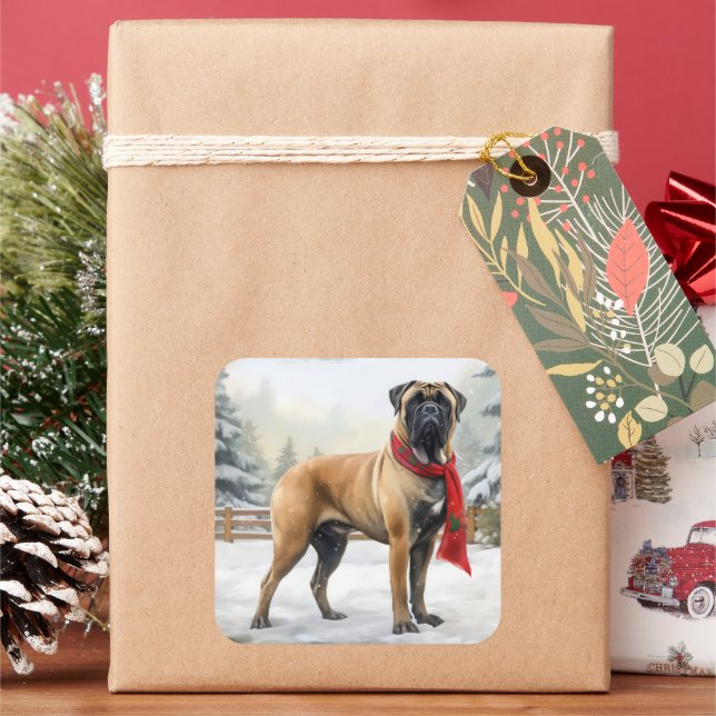 Sticker Carré Chien de Bullmastiff à Noël de neige (vacances)