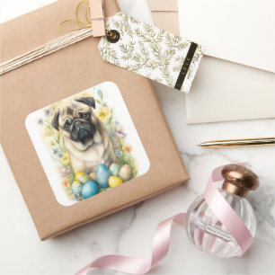 Sticker Carré Chien de carlin avec oeufs de Pâques Fêtes