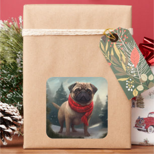 Sticker Carré Chien de carlin en Noël de neige