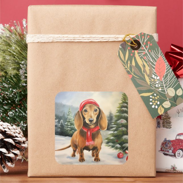 Sticker Carré Chien de Dachshund à Noël de neige (vacances)