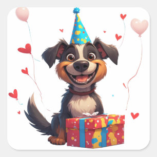 Sticker Carré 🐕 Chien de fête avec chapeau d'anniversaire et ca