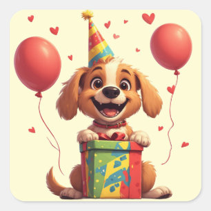 Sticker Carré 🐕 Chien de fête avec chapeau d'anniversaire et ca