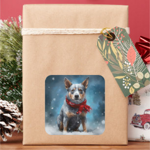 Sticker Carré Chien de Heeler Bleu à Noël de neige