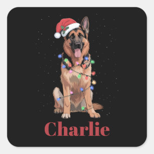 Sticker Carré Chien de Noël Berger Allemand Nom Personnalisé