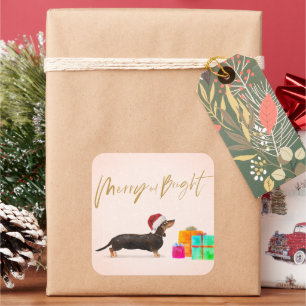 Sticker Carré Chien de Noël de Noël Dachshund Joyeux brillant