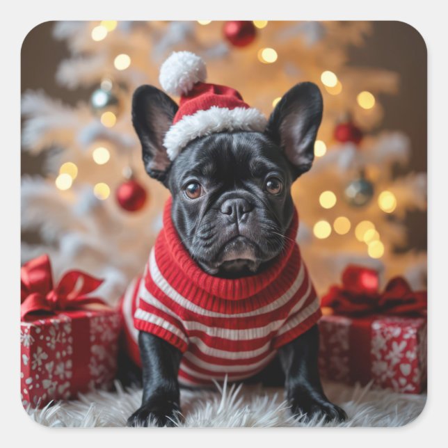 Sticker Carré Chien de Noël Français avec chapeau de Père Noël (Devant)
