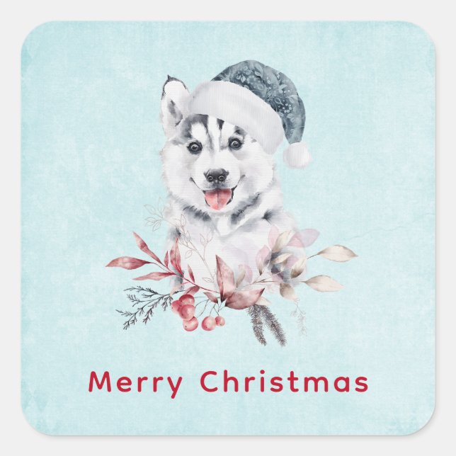 Sticker Carré Chien de Noël Husky dans un chapeau de Père Noël (Devant)